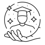 Hand supporting a graduate with mortarboard in a circle of stars